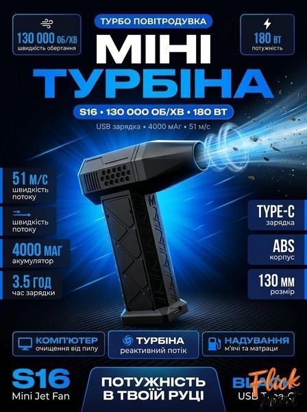 Ручной турбовентилятор воздуходувка аккумуляторный портативный Mini Jet Fan S16 Black MT16562 фото