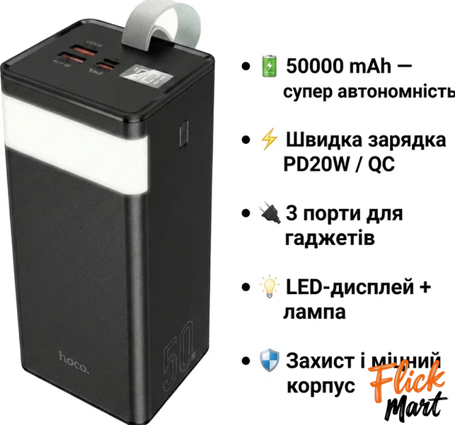 Повербанк с LED фонариком и быстрой зарядкой 50000mAh 2USB /Type-C PD/22.5W Power Bank Hoco J86A LED екран NT14371270 фото