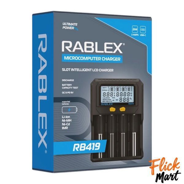 Зарядний пристрій Rablex RB419 для Li-Ion акумуляторів 4 слоти 2A LCD-дисплей тест ємності підтримка швидкої зарядки QC/PD MTO419824 фото