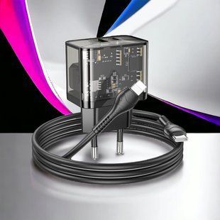 Блок живлення&nbsp;мережевий зарядний пристрій з швидкої зарядки QC3.0 Hoco N34 Dazzling 20 W Type-C Type-A port + кабель Lightning NК77492236 фото